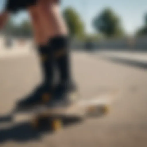 Stylish black and gold Nike socks showcased on a skateboard