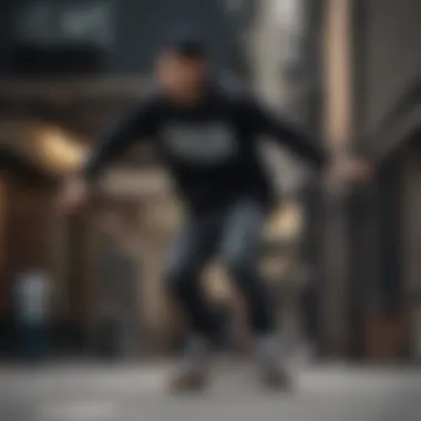 Skater in Action with Graphic Crew Neck Skater performing a trick while wearing a black graphic crew neck
