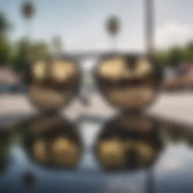 Close-up of black mirrored aviators reflecting a skate park