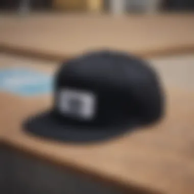 Skateboard with a black strap back hat placed on it