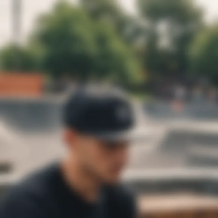 Stylish black strap back hat worn at a skate park