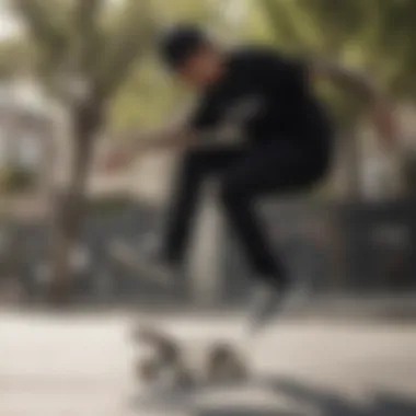 Skateboarder performing tricks while wearing black Vans