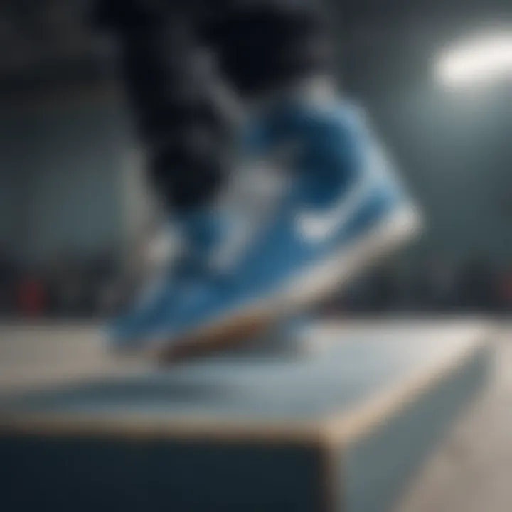 Blue Nike SBs in action on a skateboarding ramp