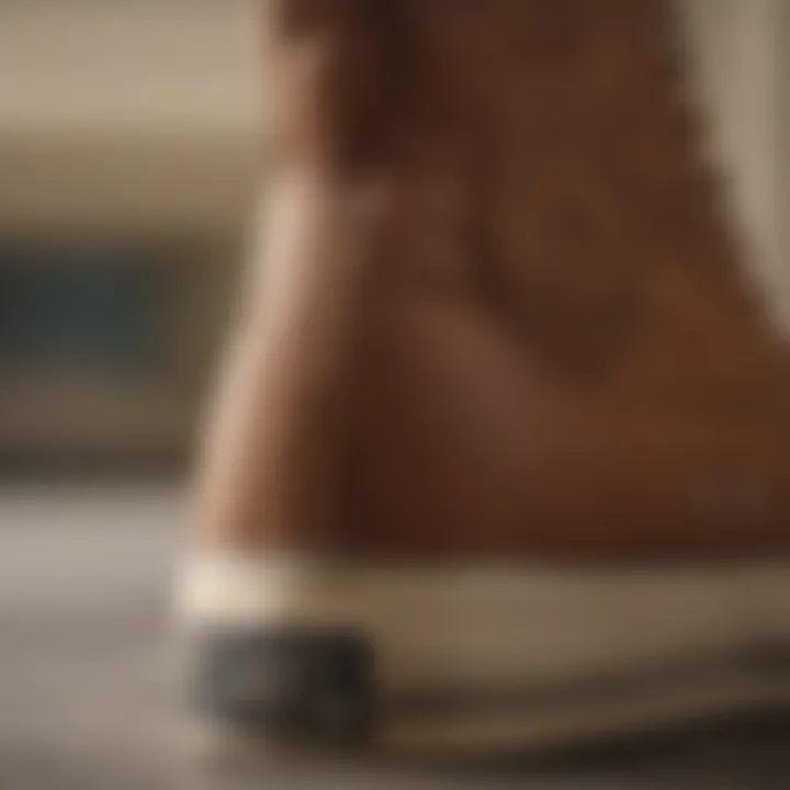 Close-up of the design features of brown Chuck Taylors