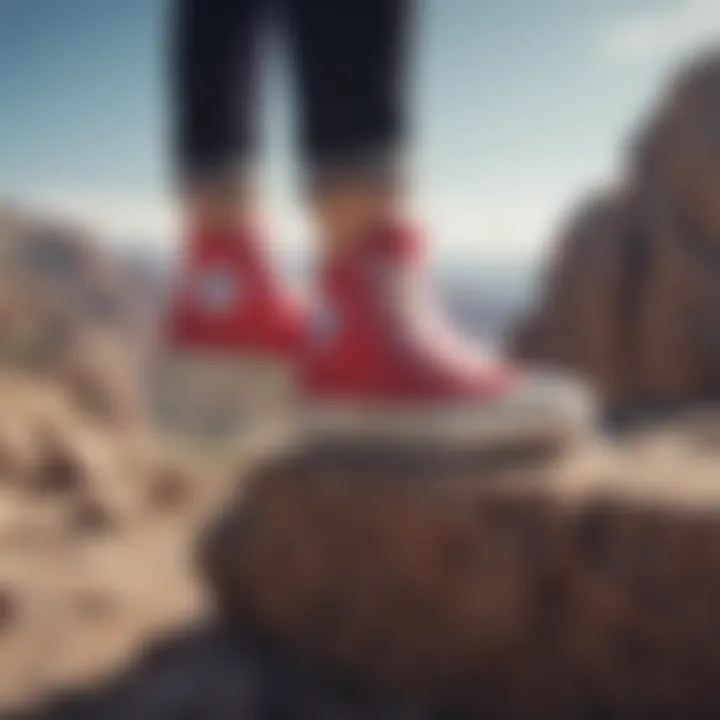 Stylish Converse high top platform hike on rocky terrain