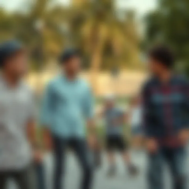 Community Vibes: Fashionable Button-Ups on the Skate Scene A group of skateboarders socializing in a park while wearing trendy button-up shirts.