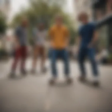 Group of friends enjoying a skate session in corduroy pants