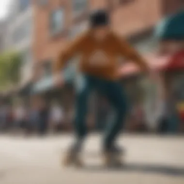 Skater performing tricks while wearing corduroy pants