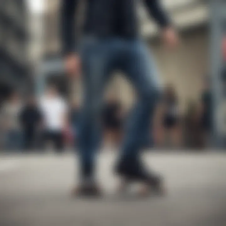 Skater performing tricks while wearing stylish denim biker jeans