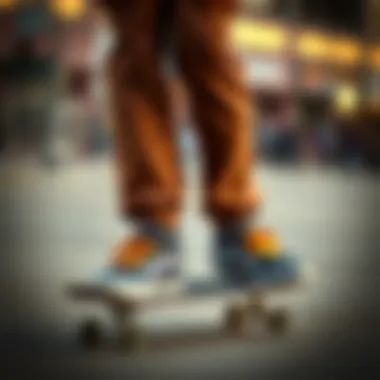 Stylish Dickies pants paired with skate shoes on a skateboard