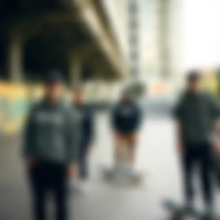 A group of skaters wearing Dickies outfits in an urban skate park setting