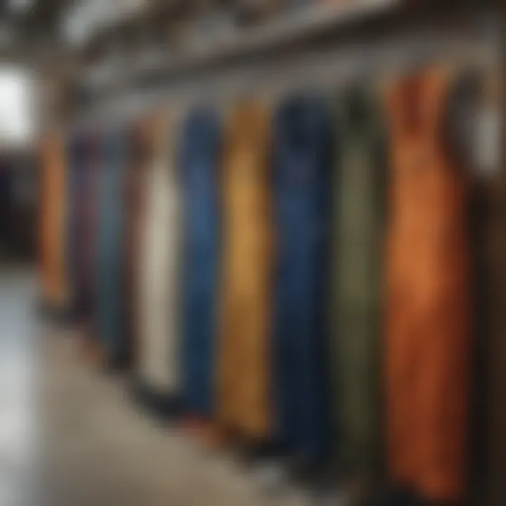 Different styles and colors of Dickies overalls displayed on a rack.