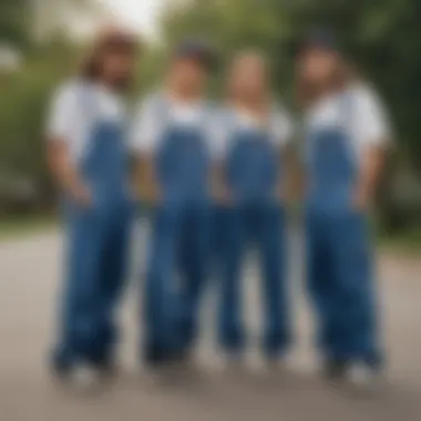 A group of skaters discussing fashion trends while wearing Dickies overalls.