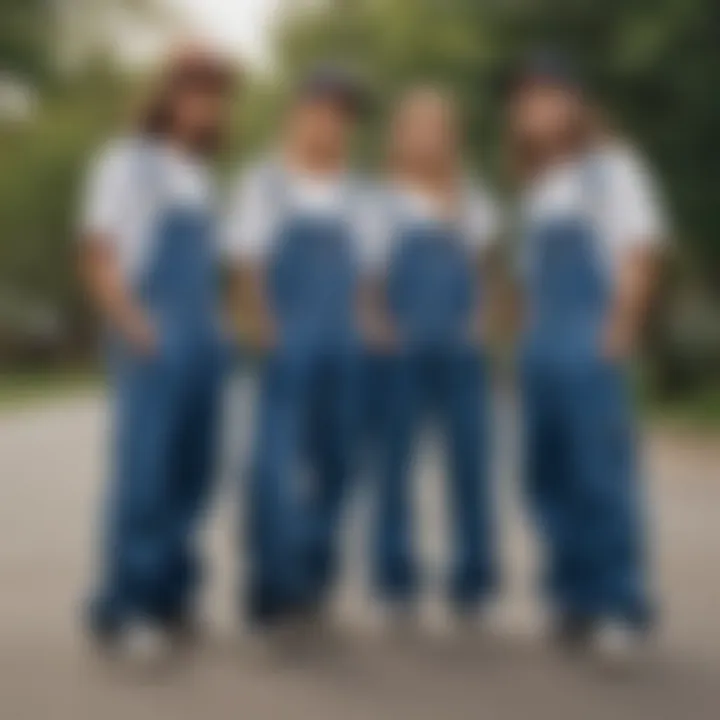 A group of skaters discussing fashion trends while wearing Dickies overalls.