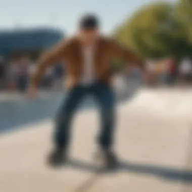 Skater wearing Dickies overalls performing a trick at a skate park.