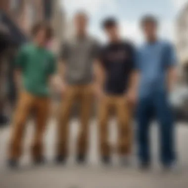 Group of skateboarders wearing Dickies cargo pants, showcasing diverse styles