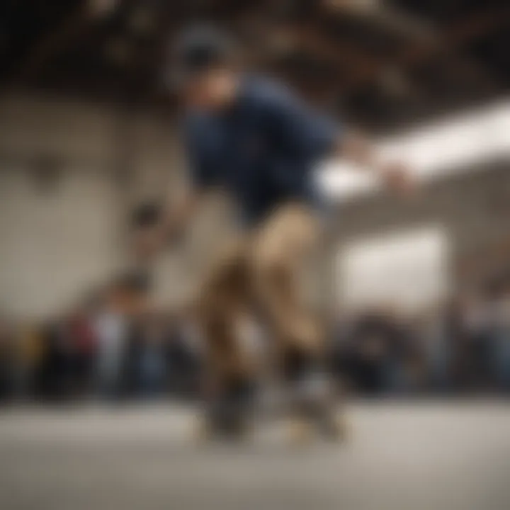 Skateboarder performing tricks while wearing Dickies cargo pants