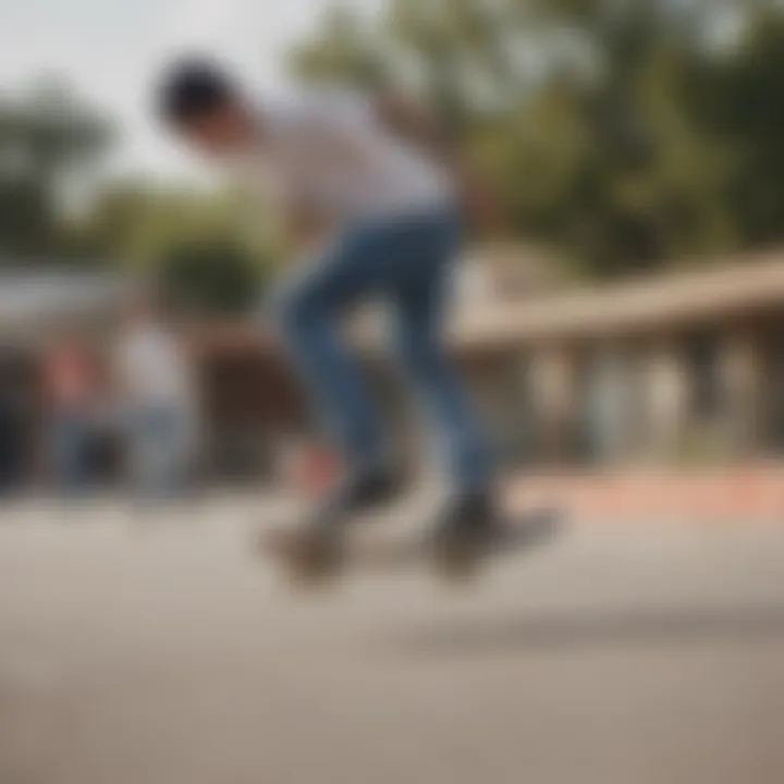 Skateboarder wearing Enjoi jeans while performing a trick