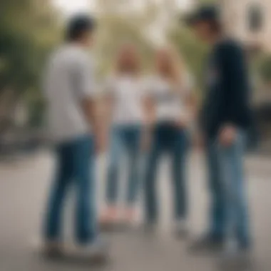 A group of skaters discussing style while wearing Enjoi jeans