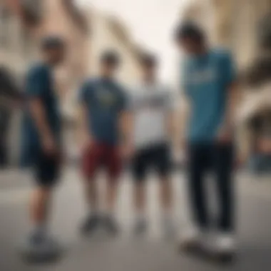 A group of skateboarders discussing their clothing choices in an urban setting.