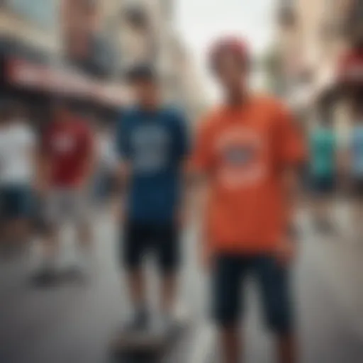 A vibrant street scene showcasing skateboarders in various styles of forbidden shirts.