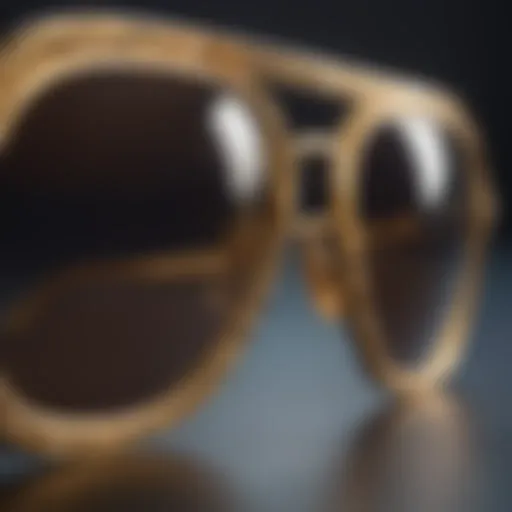 Close-up of gold metal frame sunglasses highlighting intricate design features