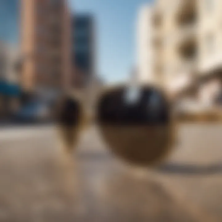 A stylish individual wearing gold metal frame sunglasses in a skateboarding setting