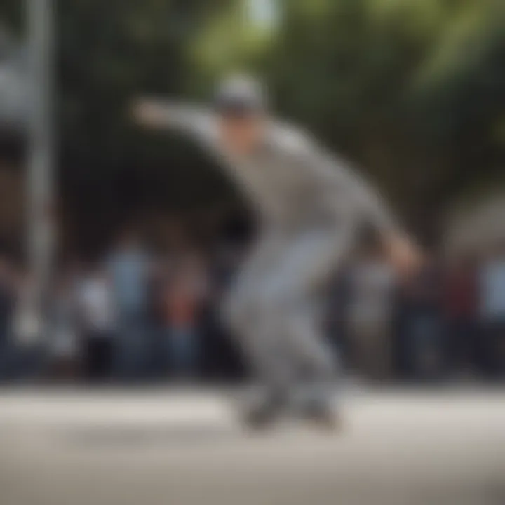 Skater performing a trick while wearing a heather grey crew neck