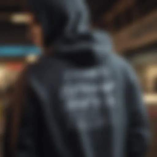 A close-up of hoodie back design showcasing bold graphic text