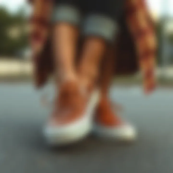 Versatile Styling with Leather Vans Slip-Ons A pair of leather Vans slip-ons styled with casual outfit