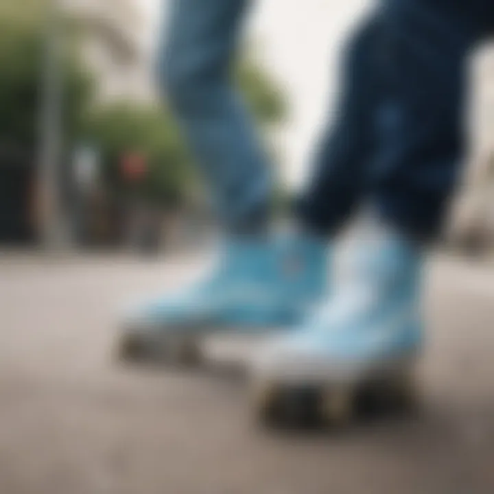 Group of skaters wearing light blue high top Vans