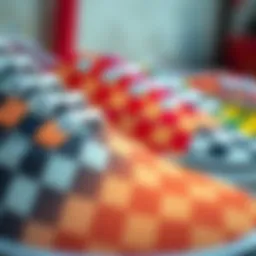 Close-up view of multi-color checkered Vans showcasing intricate patterns and textures.