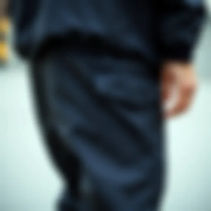 Features of Nike Black Windbreaker Pants Close-up of the waistband and pocket features of Nike black windbreaker pants.