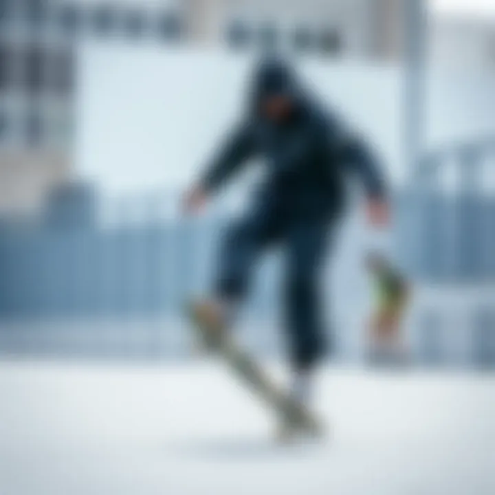 Skateboarding in Nike Black Windbreaker Pants A skateboarder dressed in Nike black windbreaker pants performing a trick.