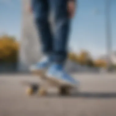 Skateboarder wearing Nike Blazers Blue Check in urban setting