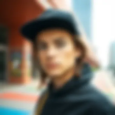 Stylish Skateboarder with Nike Cap Stylish skateboarder posing with a trendy Nike cap against an urban backdrop