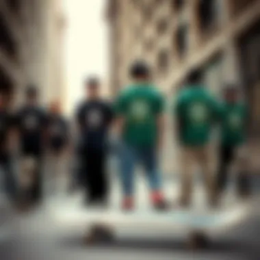 Skateboarders in Urban Setting Group of skateboards showcasing PBR T-shirts in an urban setting