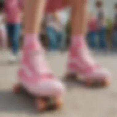 A group of young skaters wearing pink Vans during a skate session.