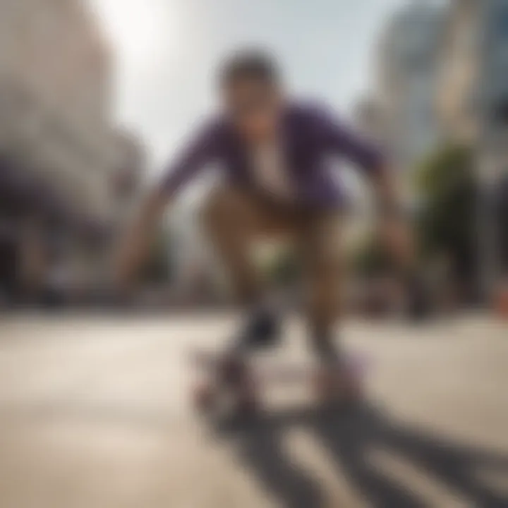 A skateboarder wearing Ray-Ban violet mirror sunglasses performing a trick.