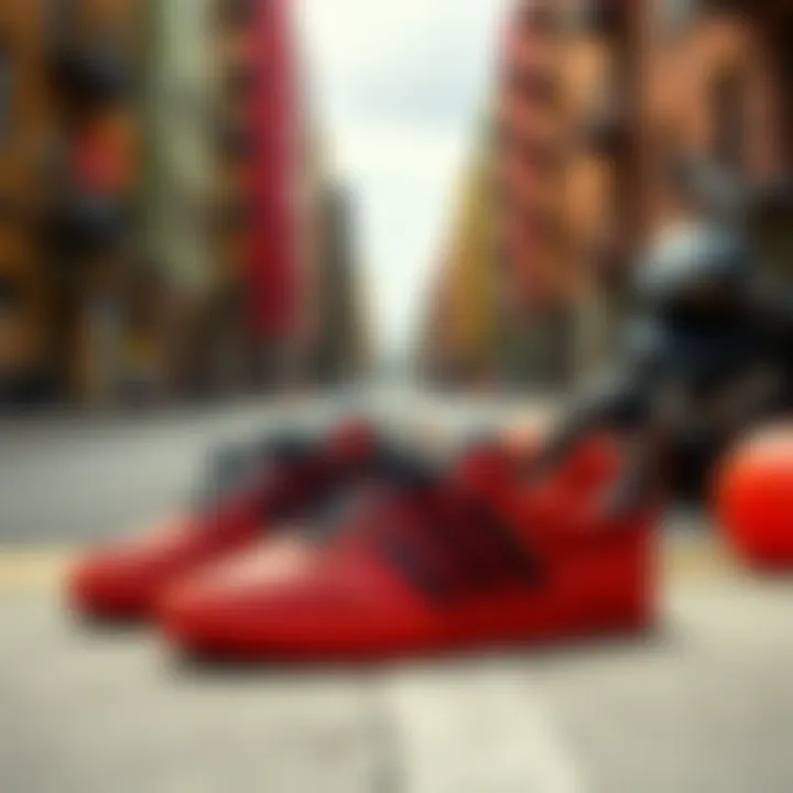 Collection of Adidas Models A collection of popular red and black Adidas models displayed against a vibrant urban backdrop.