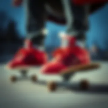 Skateboarding in Adidas Shoes A skateboarder performing tricks while wearing striking red and black Adidas footwear.