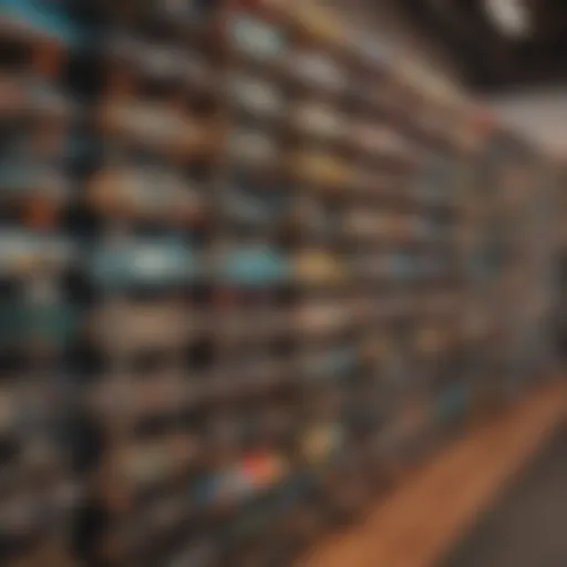 Skateboard display showcasing various brands and styles