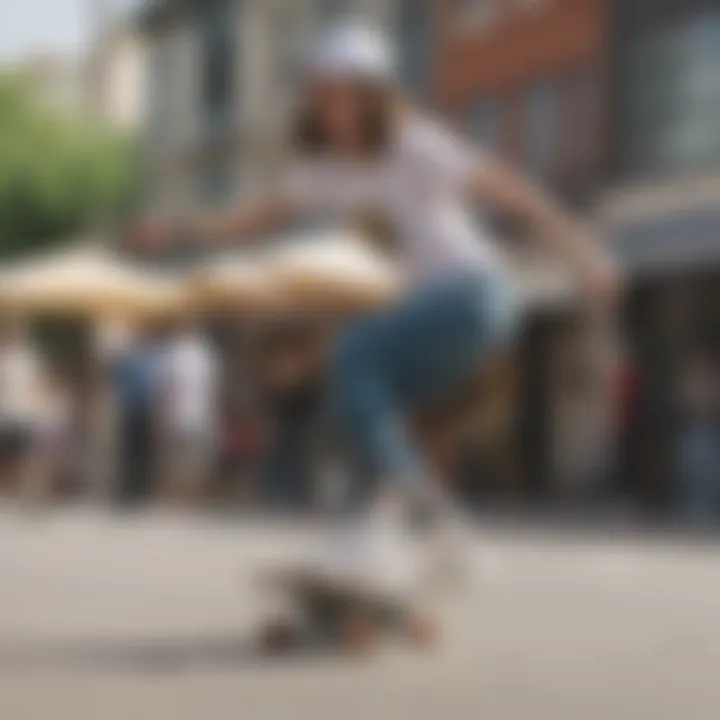 A skateboarder demonstrating the fit and flexibility of skate trousers in action.