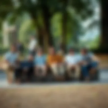 The Community Ties of Tan Dickies in Skate Culture A group of skaters relaxing in a park, all dressed in tan Dickies.