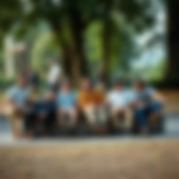 The Community Ties of Tan Dickies in Skate Culture A group of skaters relaxing in a park, all dressed in tan Dickies.