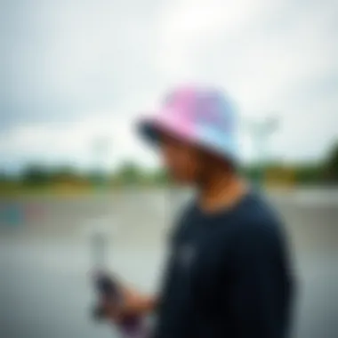 Skateboarder Styling the Colorwash Bucket Hat Skateboarder wearing the bucket hat at a skate park