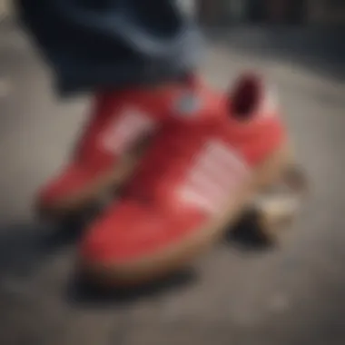 Adidas Forum Red sneakers on a skateboard, representing skate culture