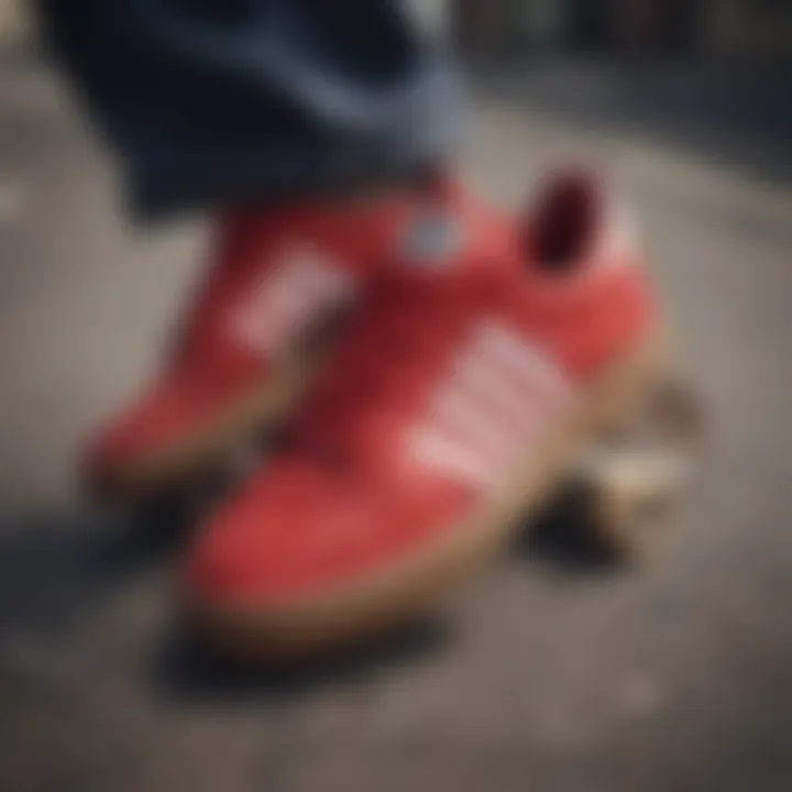 Adidas Forum Red sneakers on a skateboard, representing skate culture