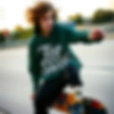 Dynamic Expression in Skate Culture A skateboarder showcasing stylish too sweet clothing in motion