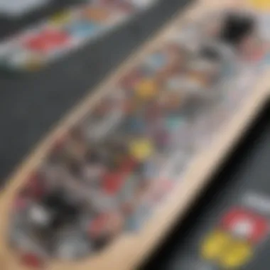 Close-up of a skateboard deck adorned with unique stickers showcasing personal expression